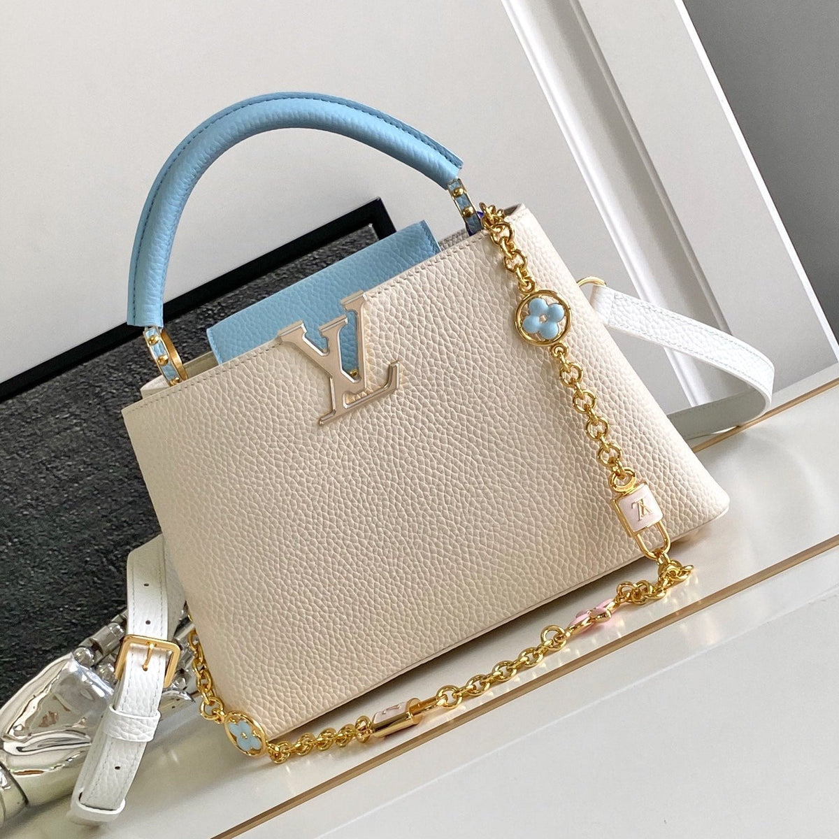 Capucines BB 27 in Pearl White Mix Sky Blue Taurillon Gold Hardware