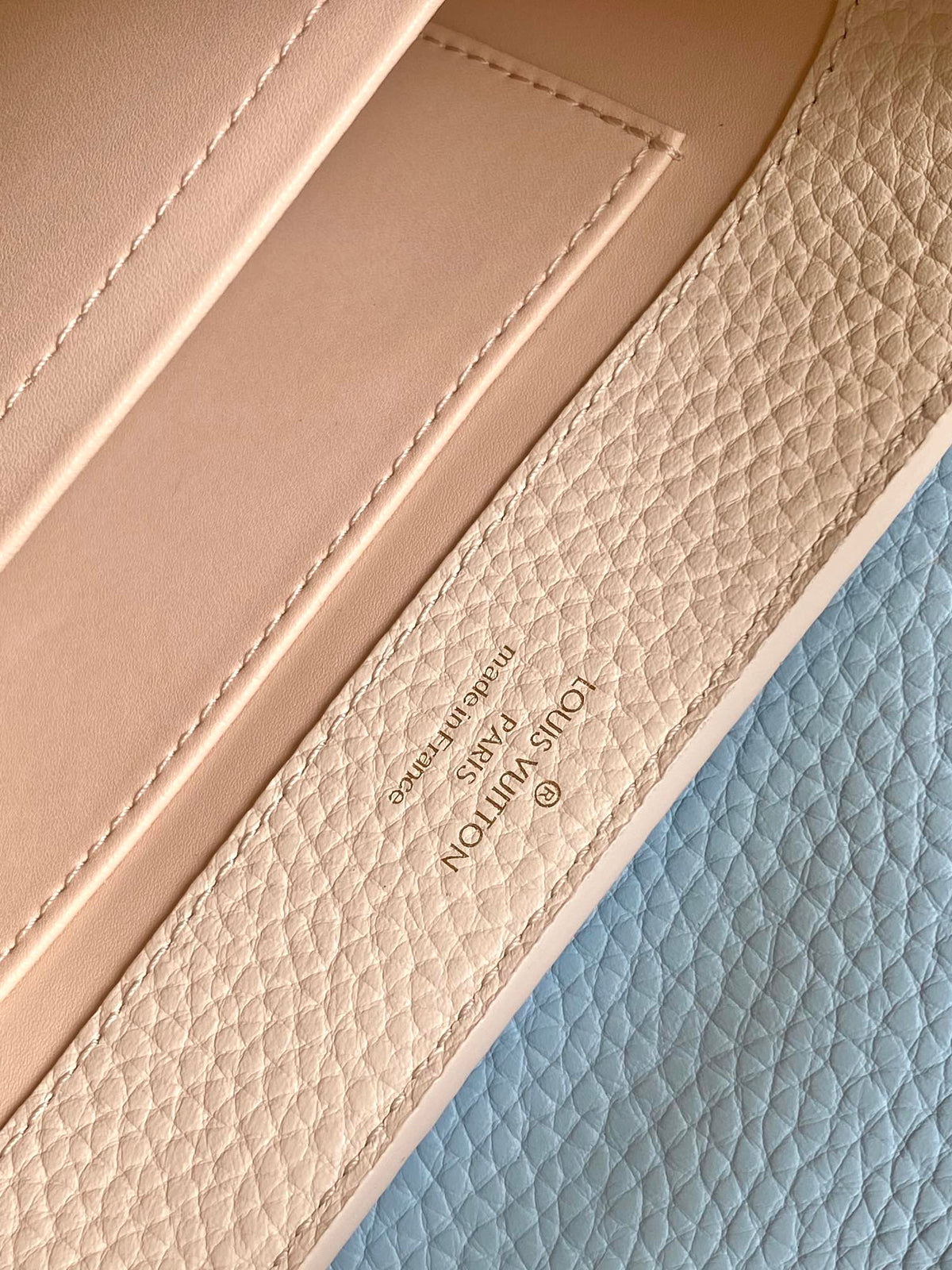 Capucines Mini 21 in Pearl White Mix Sky Blue Taurillon Gold Hardware