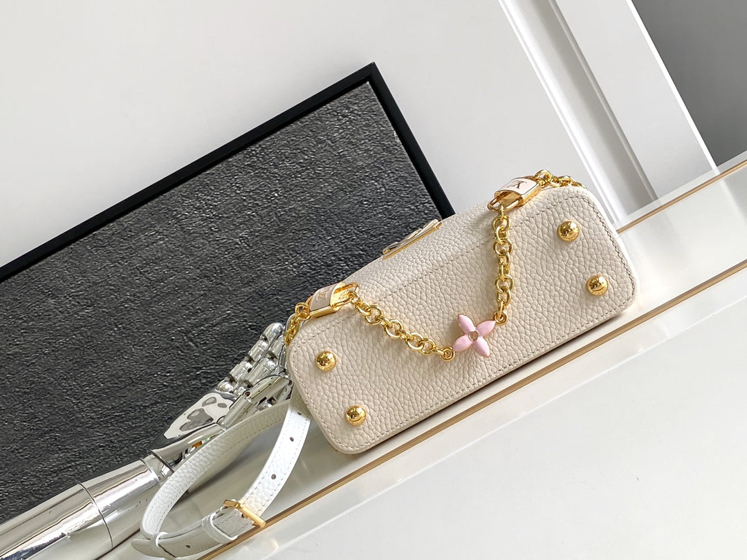 Capucines Mini 21 in Pearl White Mix Sky Blue Taurillon Gold Hardware
