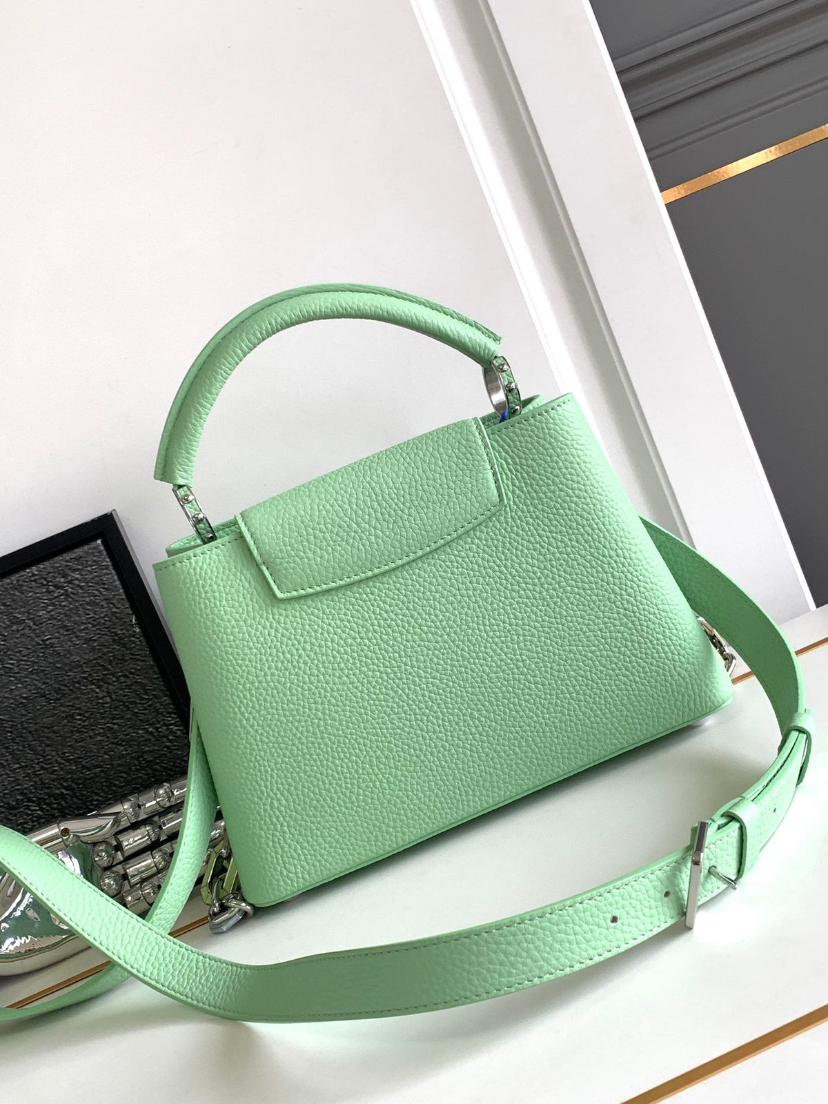 Capucines BB 27 in Light Green Taurillon Silver Hardware