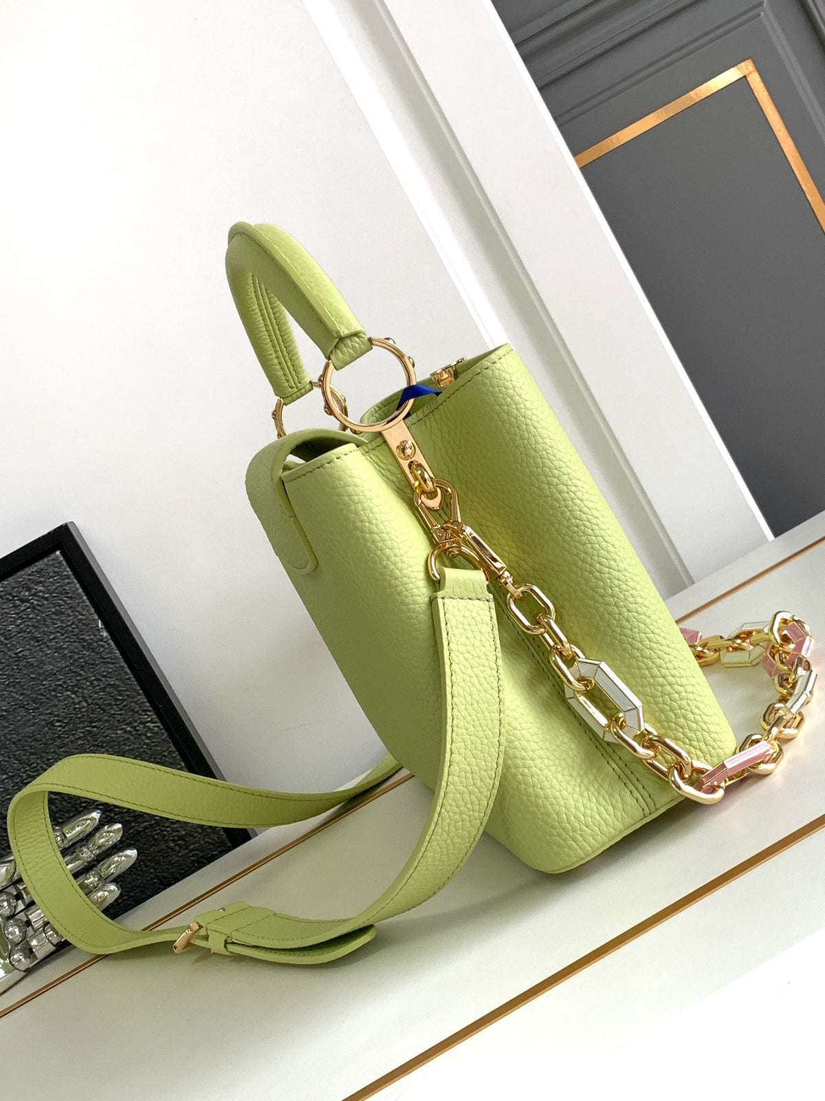 Capucines BB 27 in Pear Green Taurillon Gold Hardware