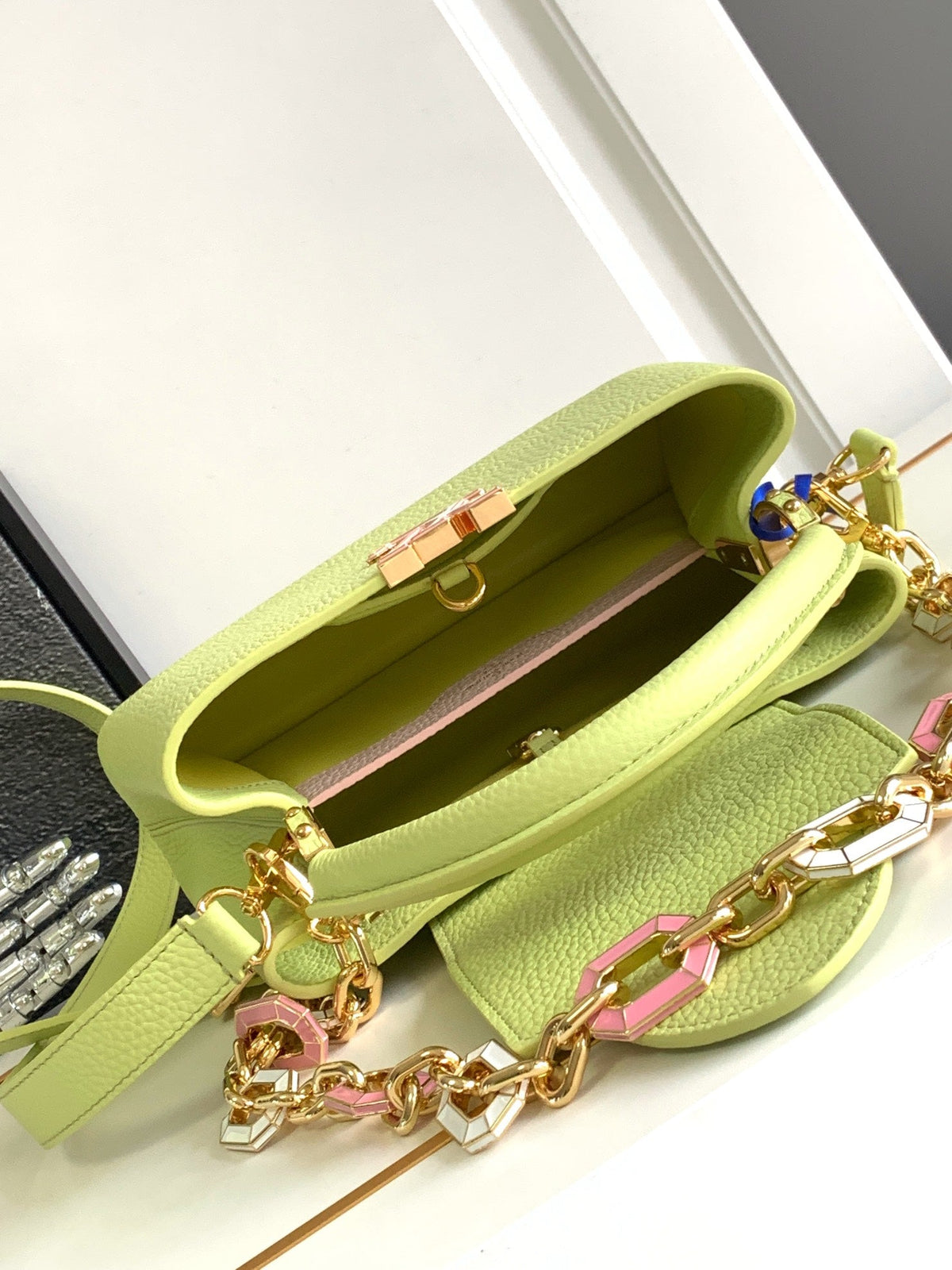 Capucines BB 27 in Pear Green Taurillon Gold Hardware