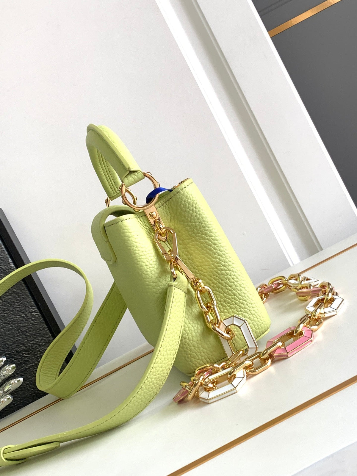 Capucines Mini 21 in Pear Green Taurillon Gold Hardware