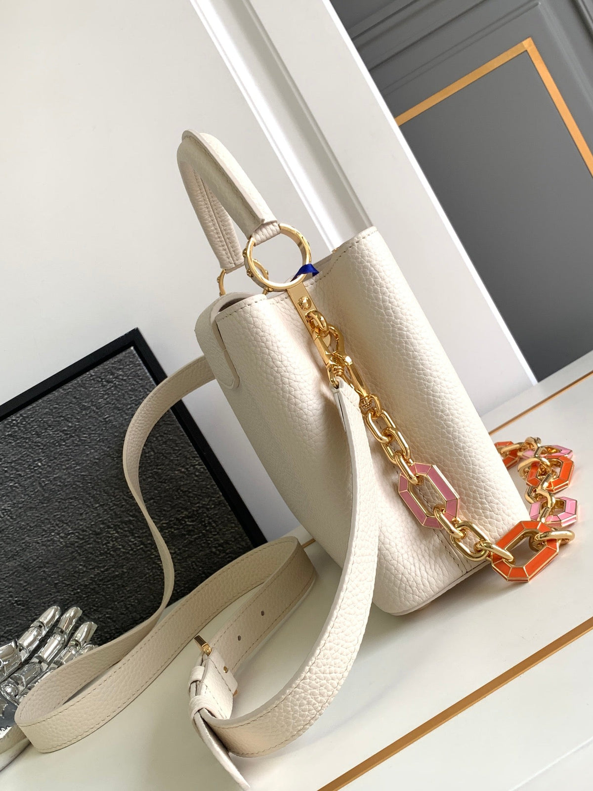 Capucines BB 27 in Pearl White Taurillon Gold Hardware