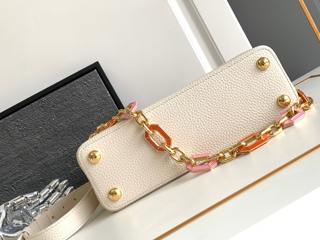 Capucines BB 27 in Pearl White Taurillon Gold Hardware