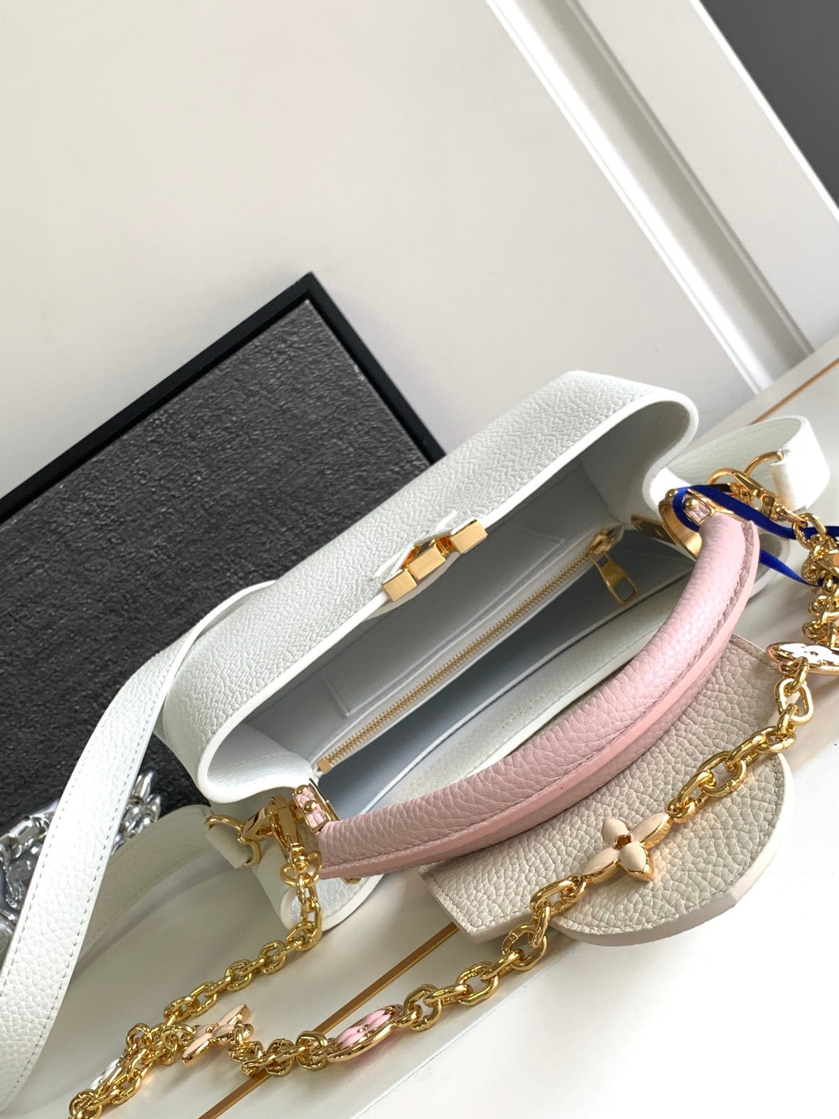 Capucines BB 27 in White Mix Pink and Beige Taurillon Gold Hardware