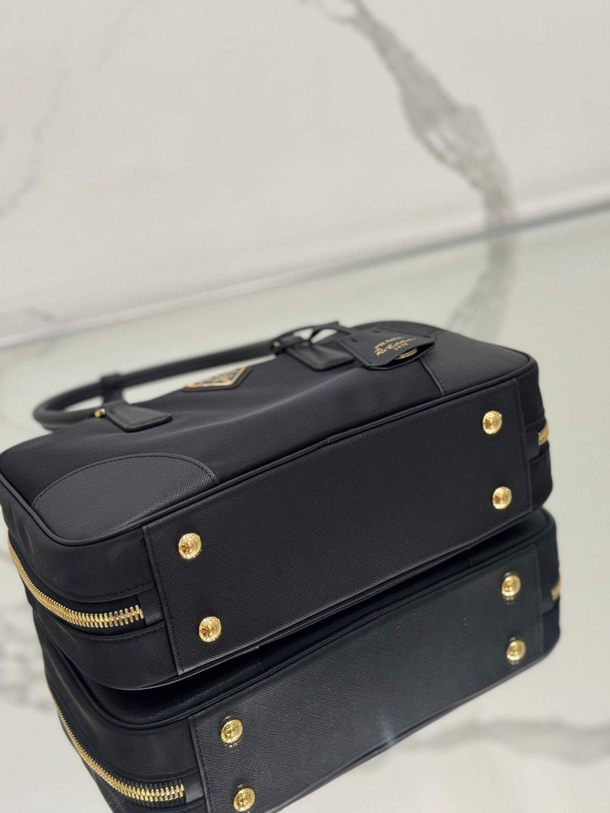 Medium Top Handle Bag 30 in Black Nylon and Calfskin Trim