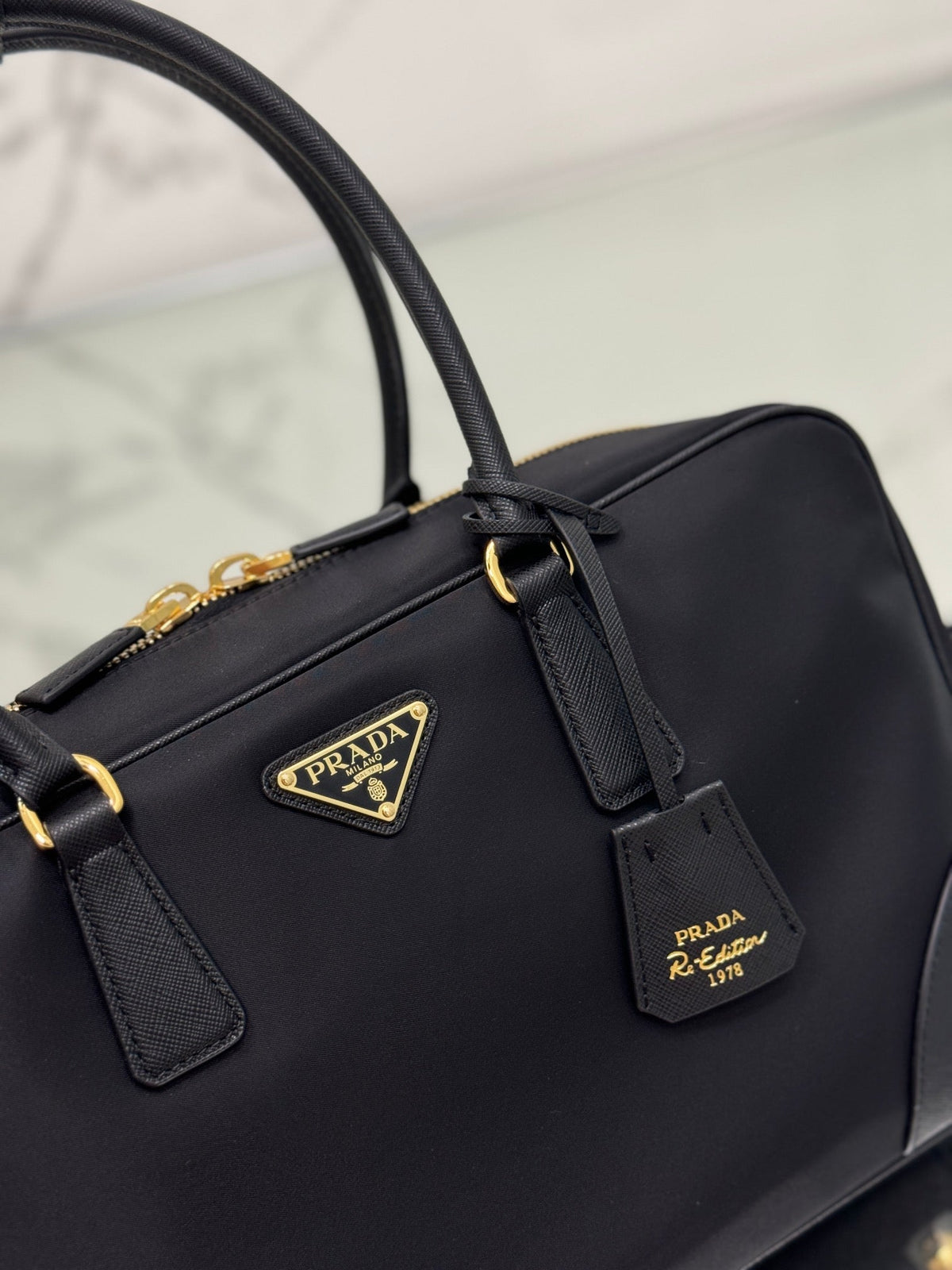 Large Top Handle Bag 35 in Black Nylon and Calfskin Trim
