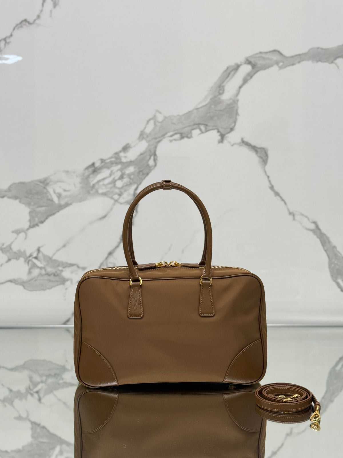 Large Top Handle Bag 35 in Cherry Wood Nylon and Calfskin Trim