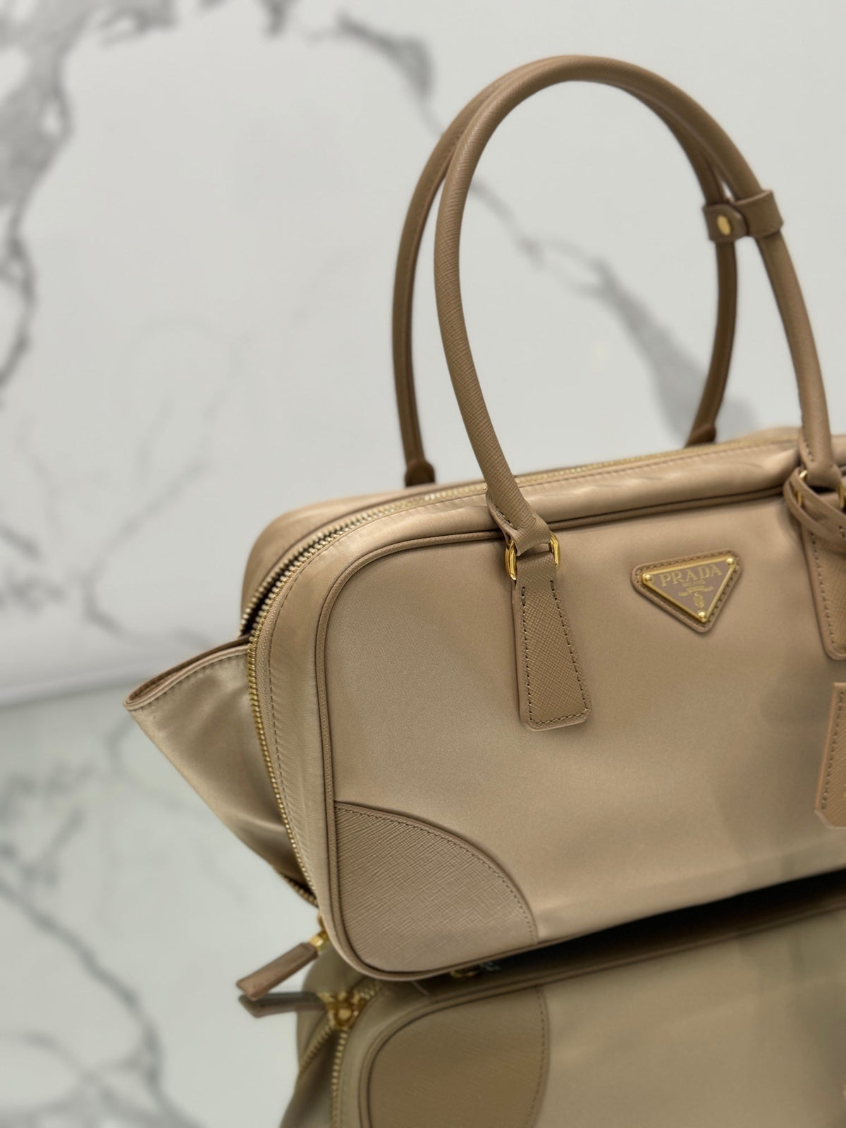 Medium Top Handle Bag 30 in Dried Moss Nylon and Calfskin Trim