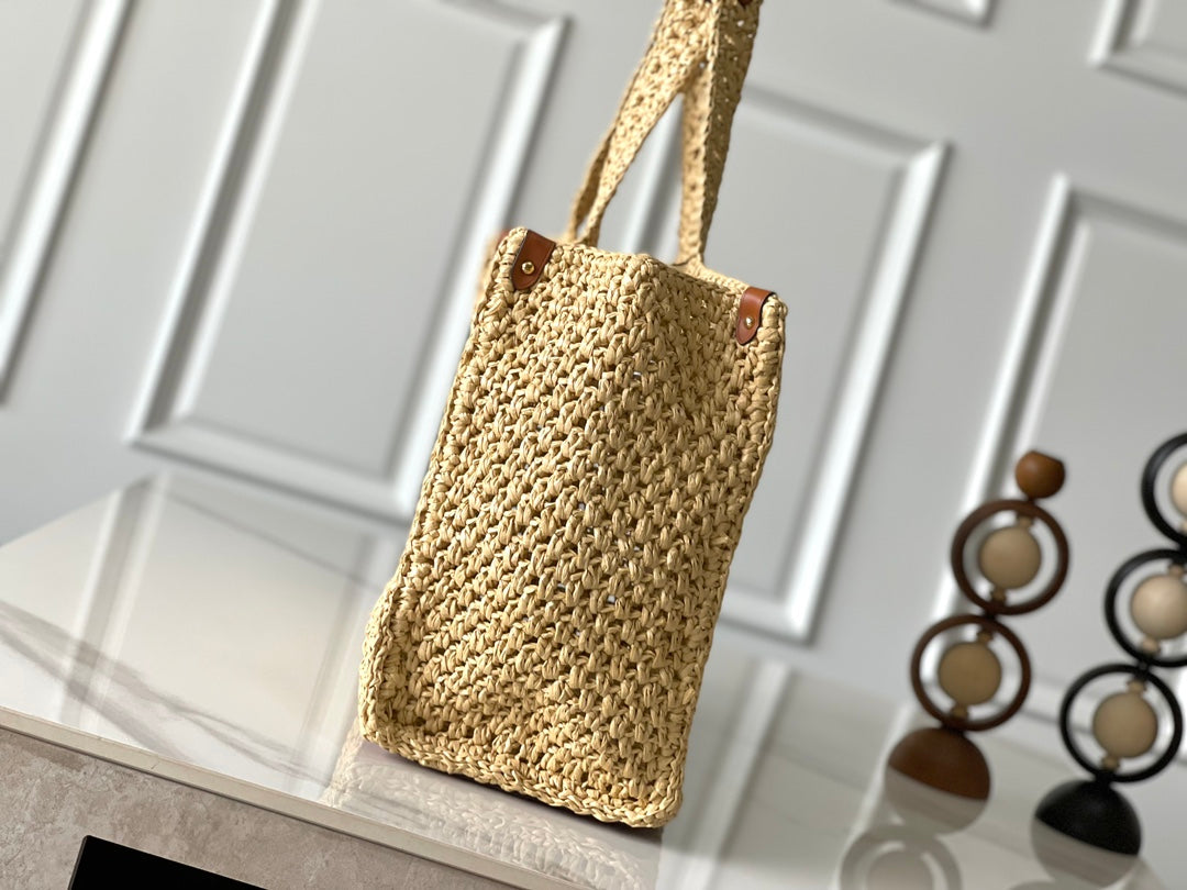 Onthego MM 37 in Beige Woven Raffia with Leather Detailing