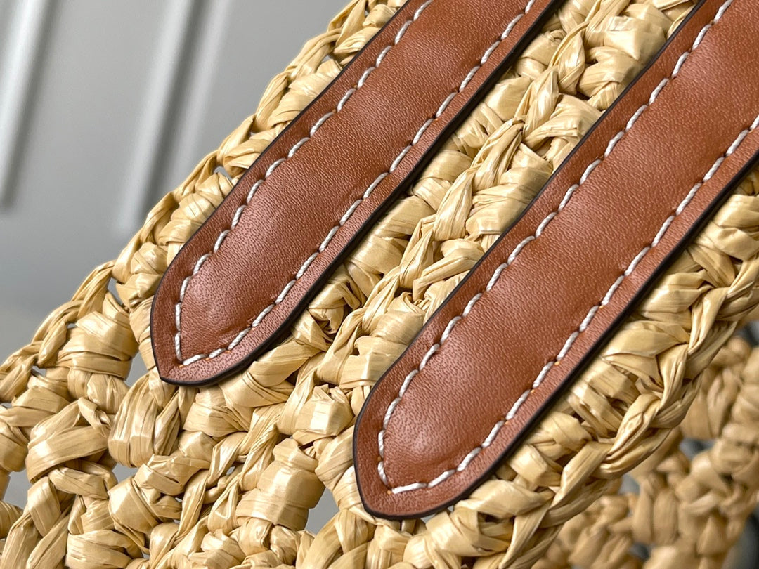 Onthego MM 37 in Beige Woven Raffia with Leather Detailing
