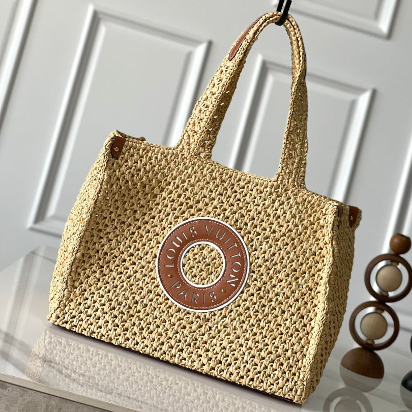 Onthego MM 37 in Beige Woven Raffia with Leather Detailing