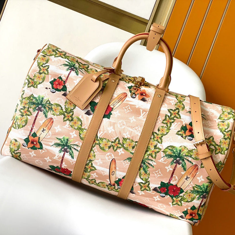 Keepall Bandoulière 50 in Sand Tropical Motifs Monogram Surfin Canvas