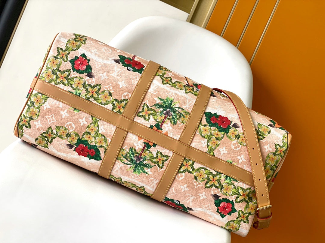 Keepall Bandoulière 50 in Sand Tropical Motifs Monogram Surfin Canvas