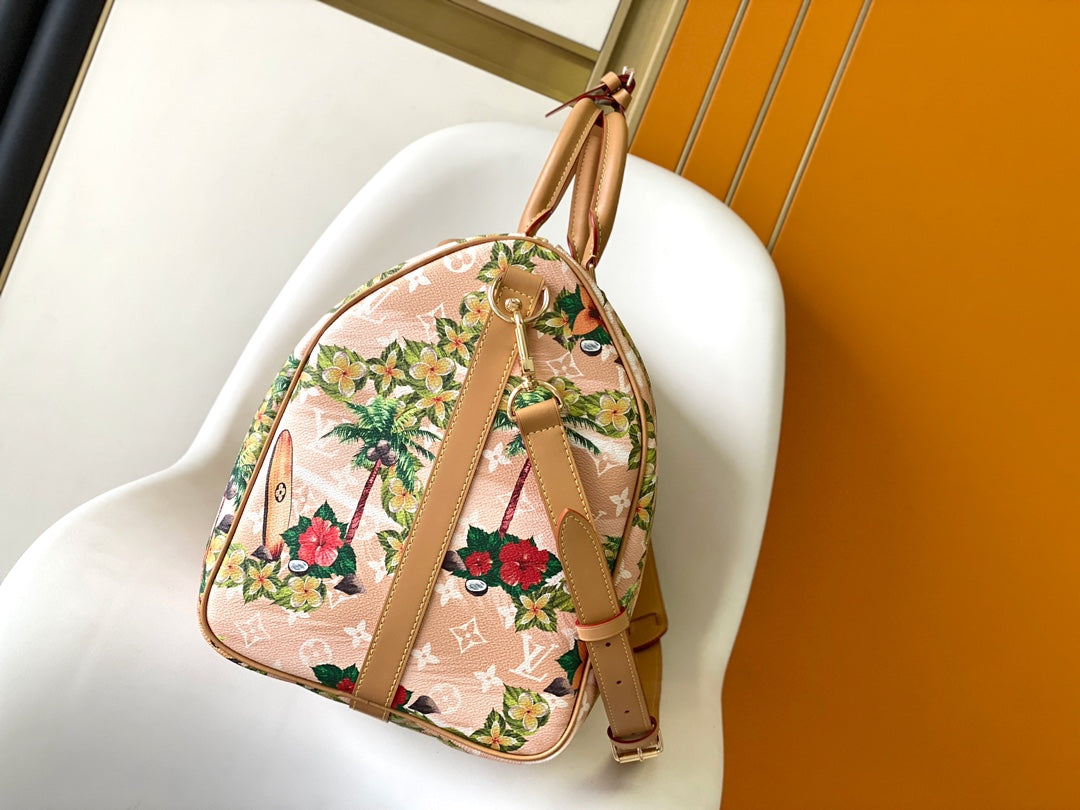 Keepall Bandoulière 50 in Sand Tropical Motifs Monogram Surfin Canvas