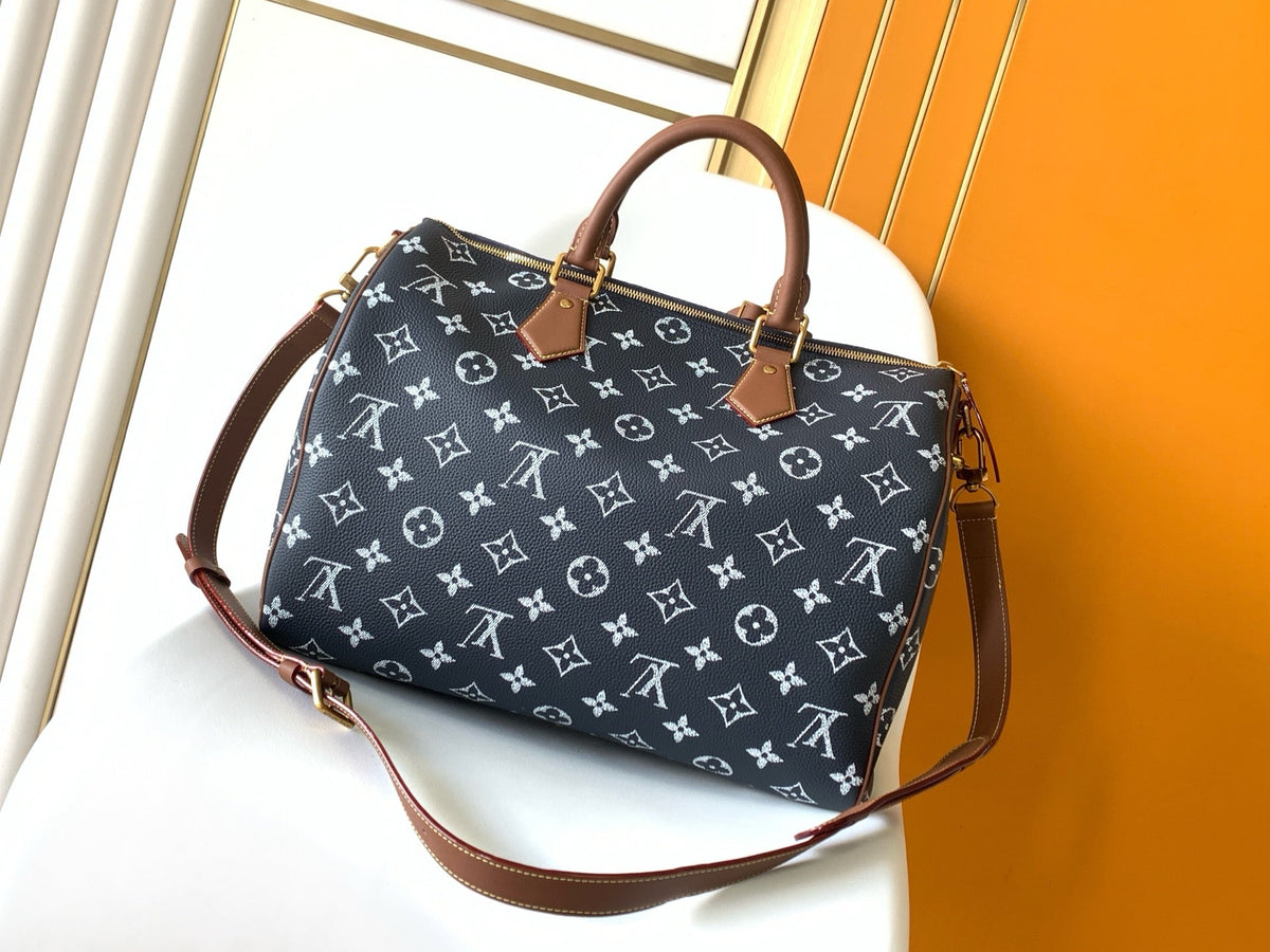 LV 25S Speedy Bandoulière Bag 40 in Charcoal Blue Calfskin Gold Hardware