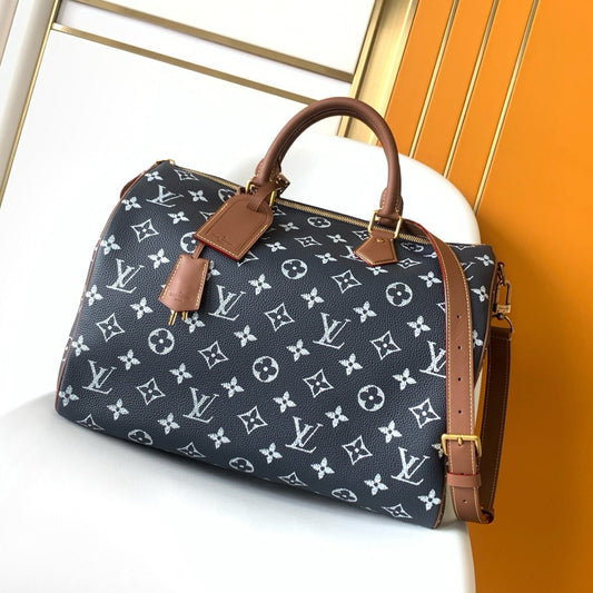 25S Speedy Bandoulière Bag 40 in Charcoal Blue Calfskin Gold Hardware