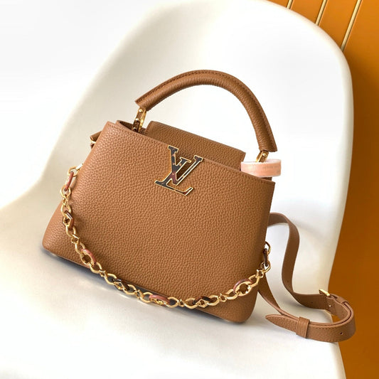 25S Capucines Bag 27 in Tan Calfskin Gold Hardware
