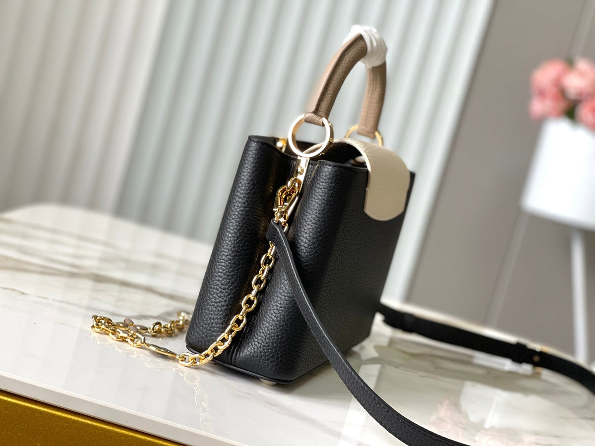 Capucines BB 27 in Black Mix White Taurillon Gold Hardware