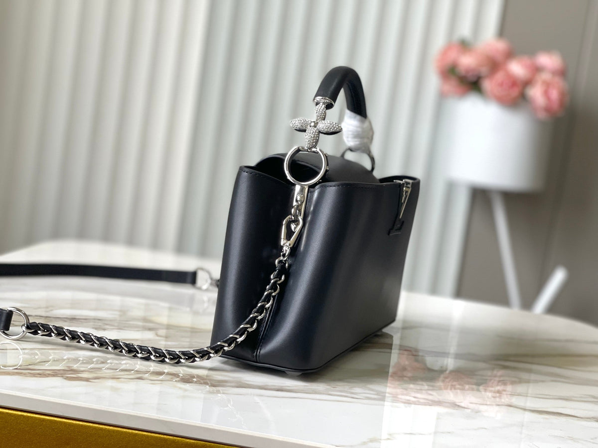 Capucines East-west 30 in Black Sheepskin Crystal and Silver Hardware