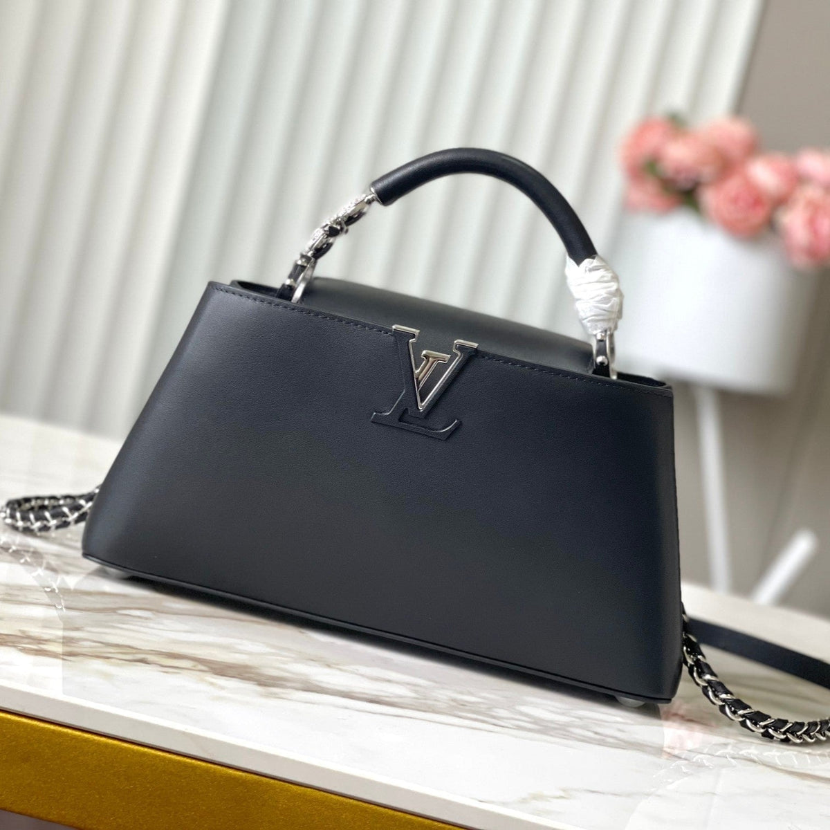 Capucines East-west 30 in Black Sheepskin Crystal and Silver Hardware