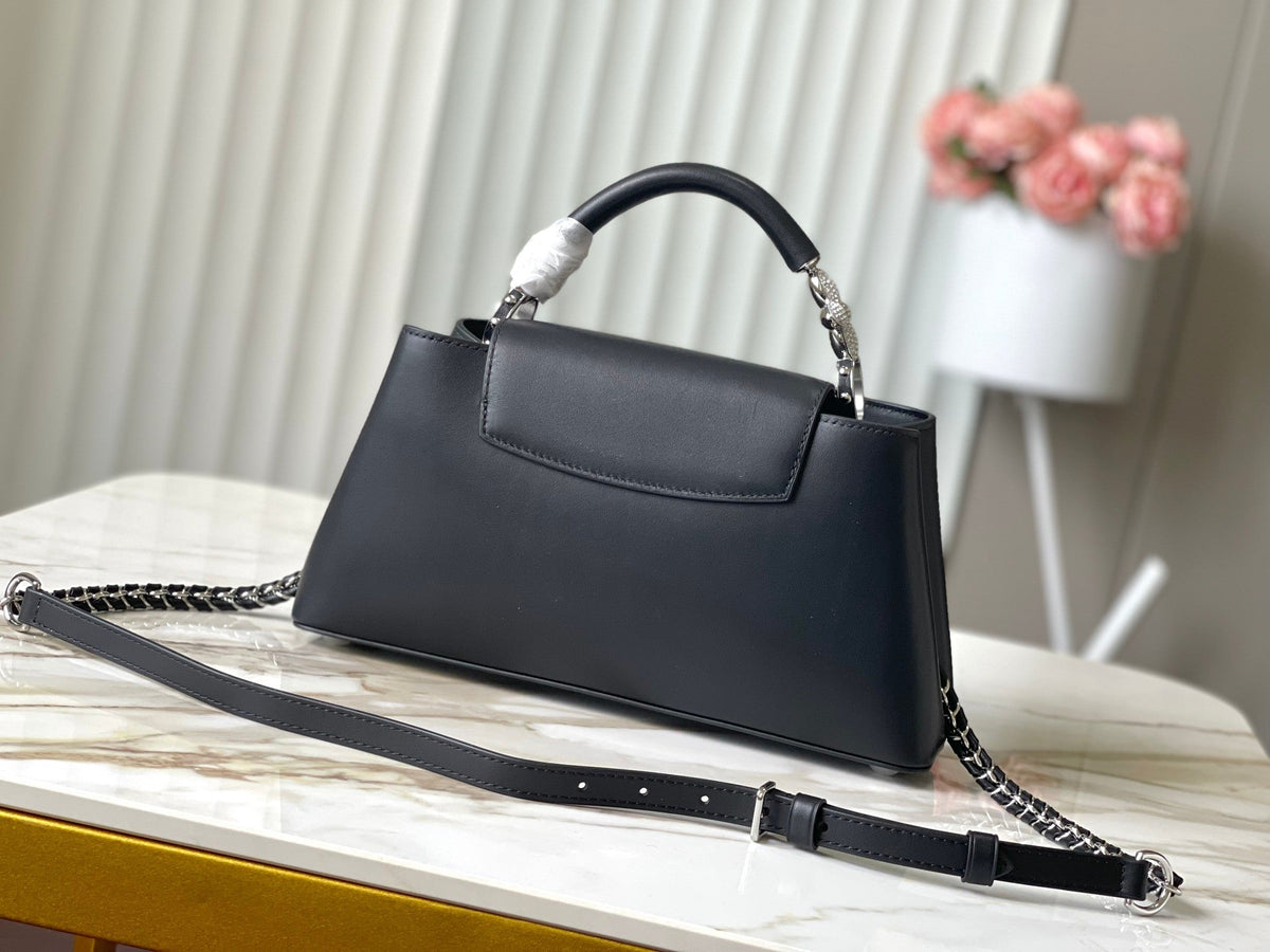 Capucines East-west 30 in Black Sheepskin Crystal and Silver Hardware