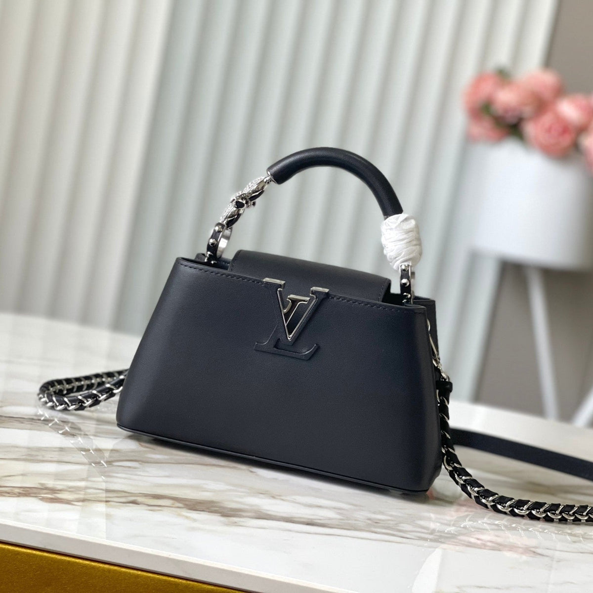 Capucines East-west Mini 22 in Black Sheepskin Crystal and Silver Hardware