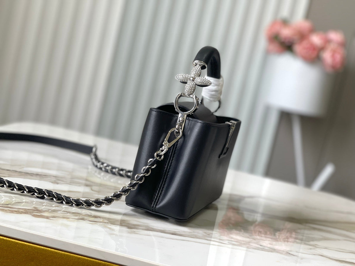 Capucines East-west Mini 22 in Black Sheepskin Crystal and Silver Hardware