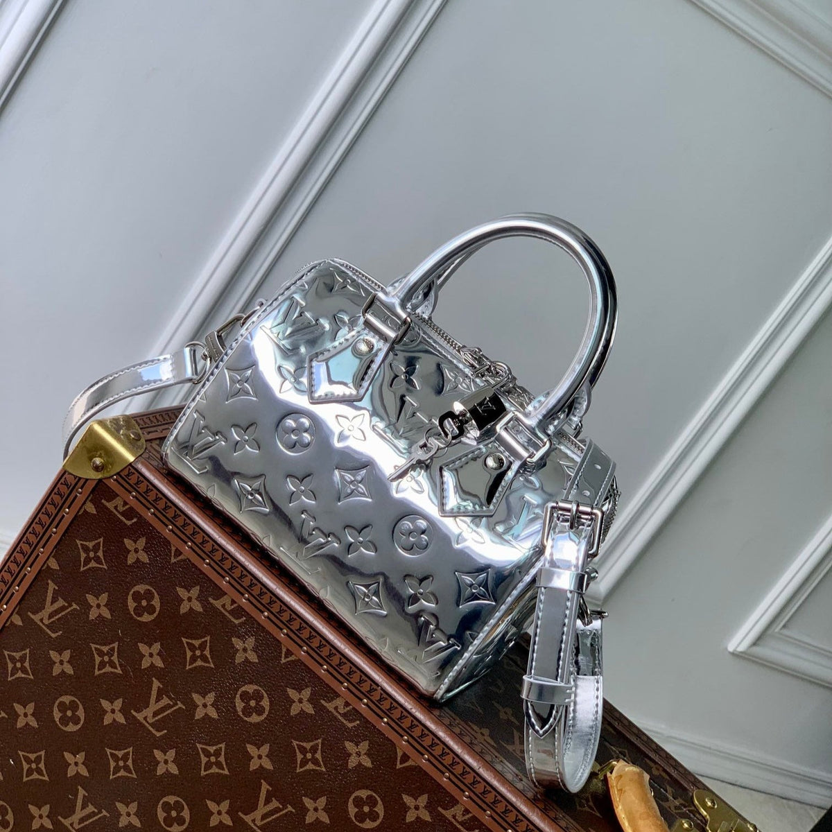 Speedy Bandoulière 20 in Silver Monogram Embossed Calfskin
