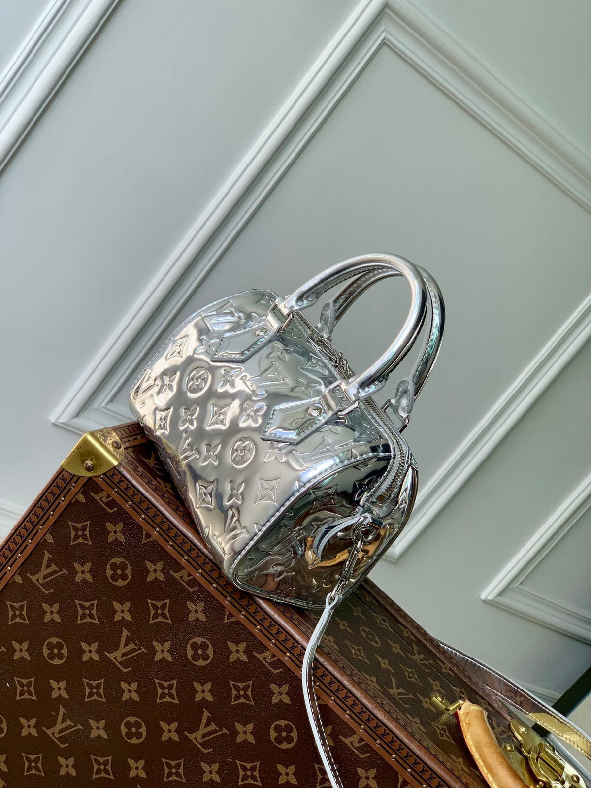 Speedy Bandoulière 20 in Silver Monogram Embossed Calfskin