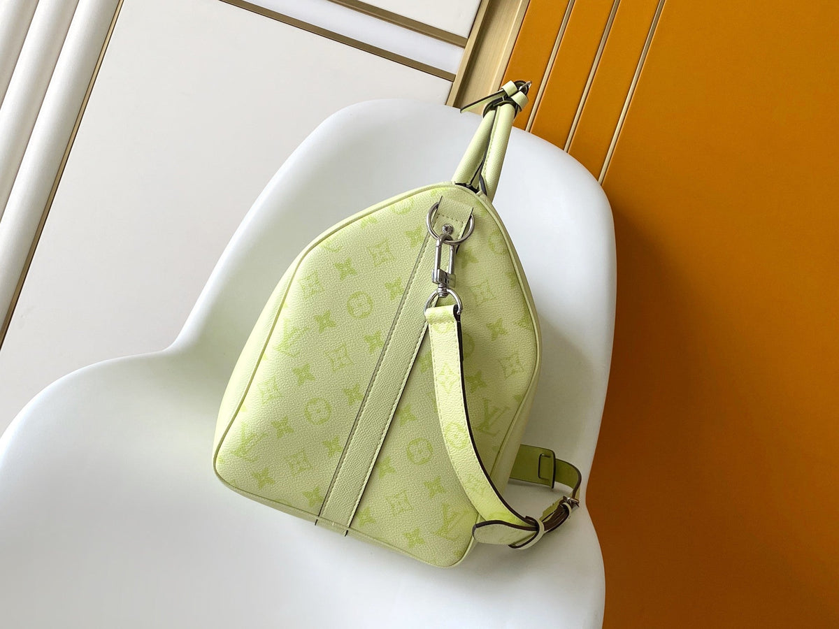 LV 25S Keepall Bandoulière 45 in Light Olive Green Calfskin Silver Hardware