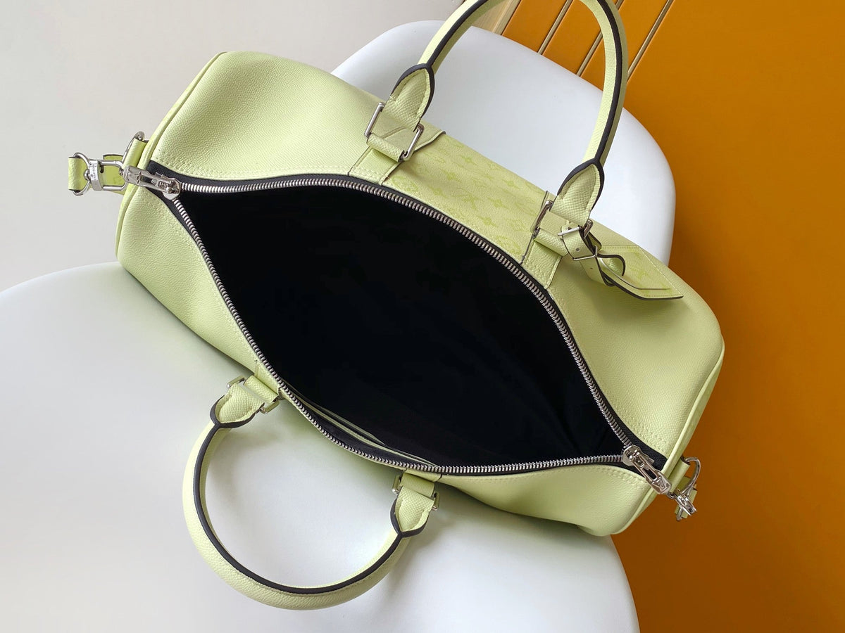 LV 25S Keepall Bandoulière 45 in Light Olive Green Calfskin Silver Hardware