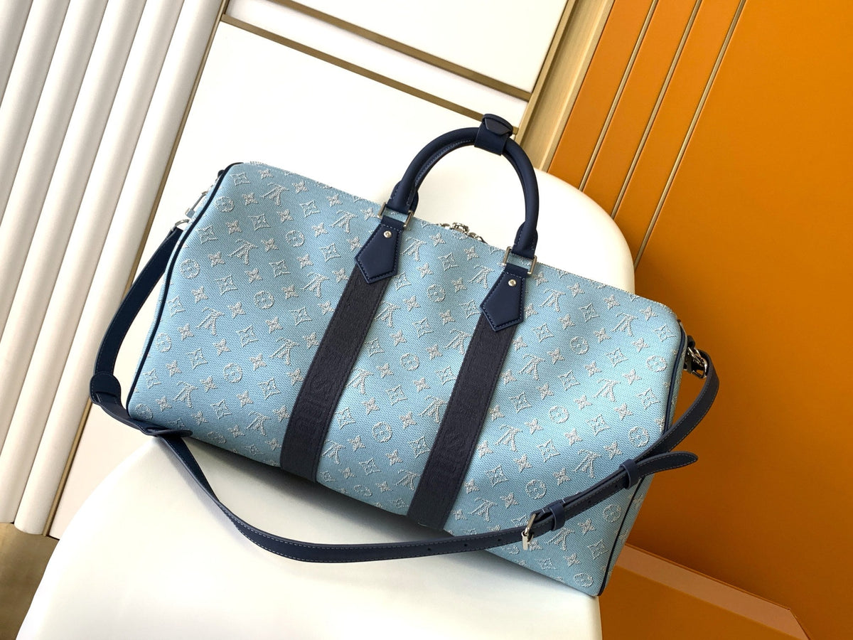 LV 25S Keepall Bandoulière Bag 50 in Blue Monogram Heritage Calfskin