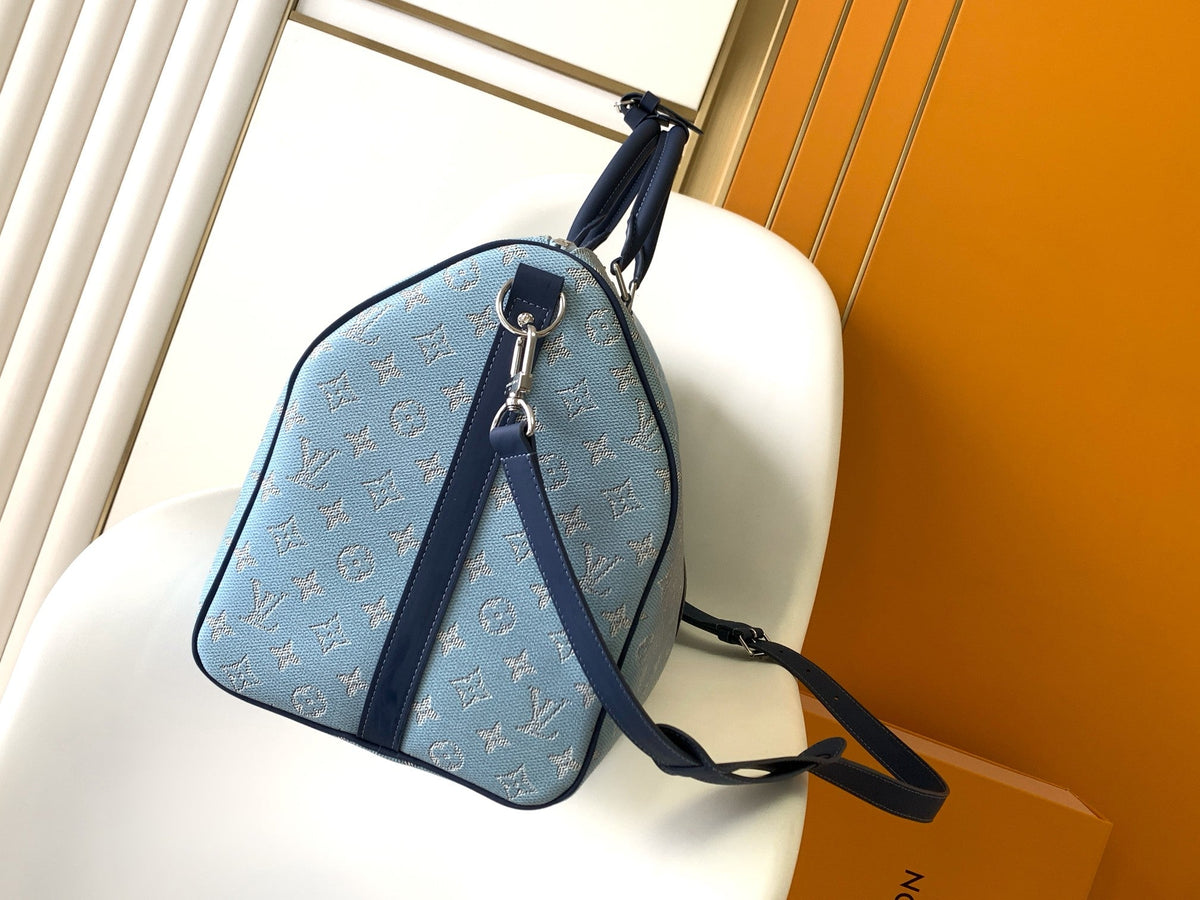 LV 25S Keepall Bandoulière Bag 50 in Blue Monogram Heritage Calfskin