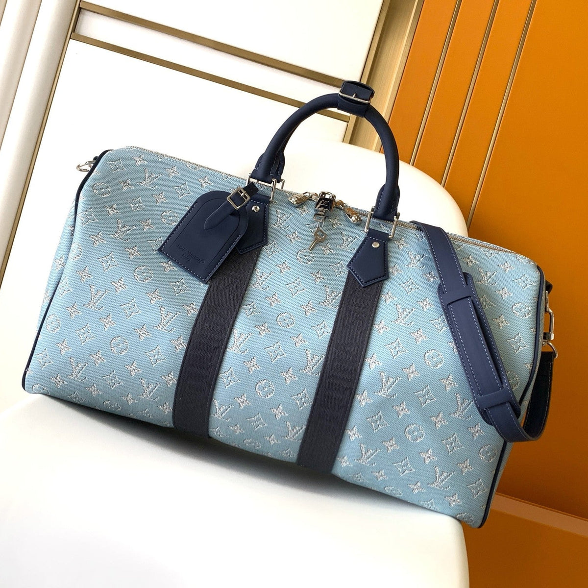 LV 25S Keepall Bandoulière Bag 50 in Blue Monogram Heritage Calfskin