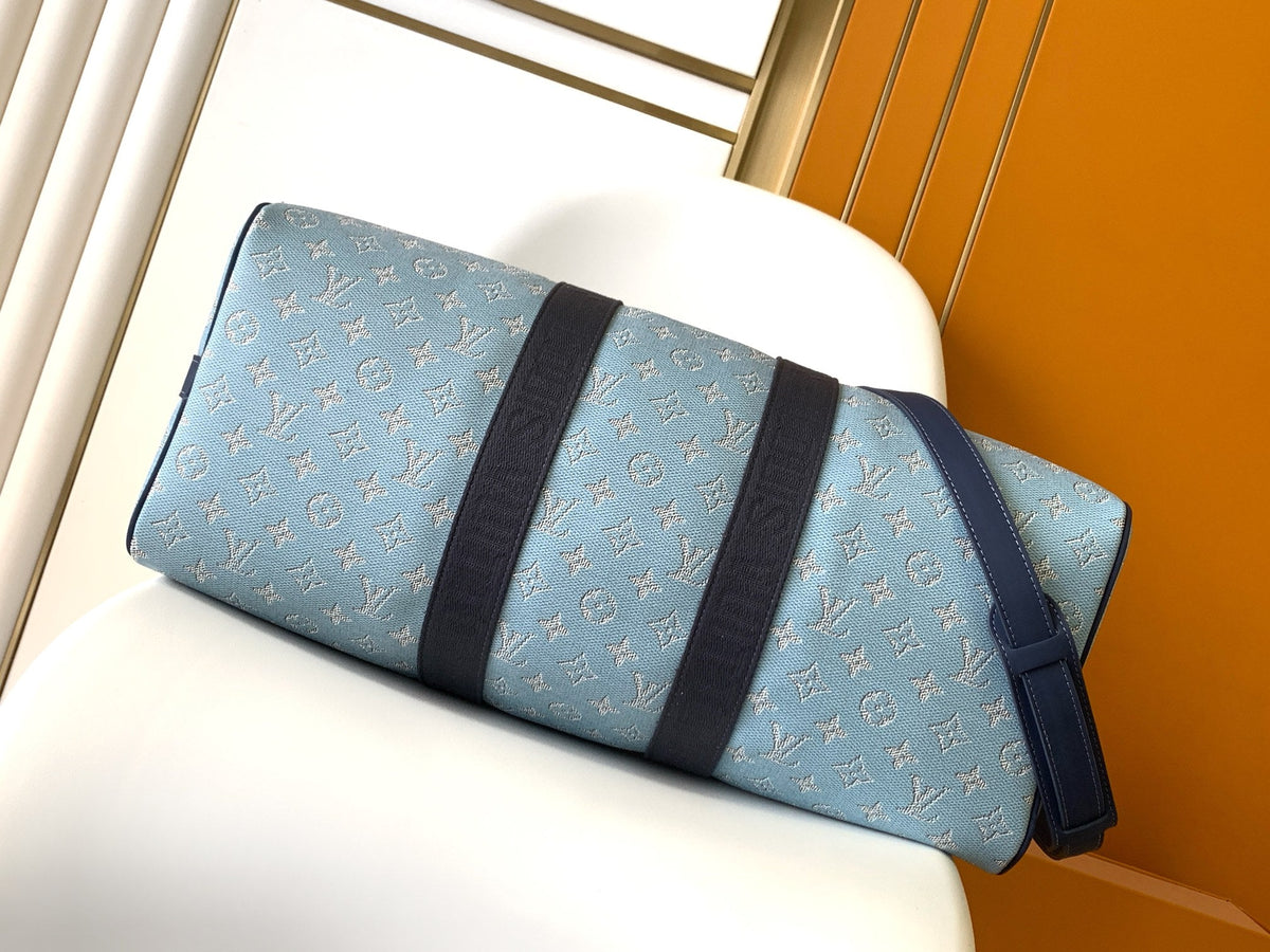 LV 25S Keepall Bandoulière Bag 50 in Blue Monogram Heritage Calfskin