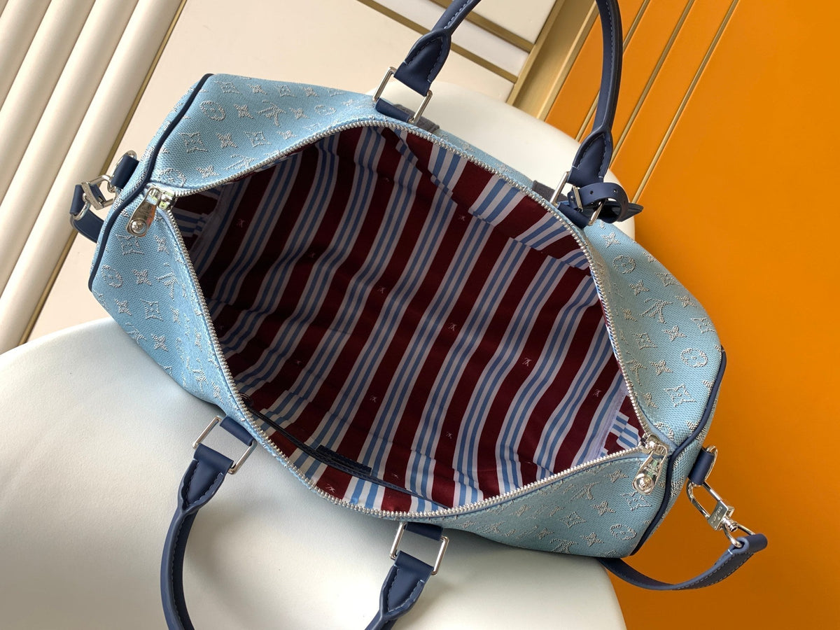 LV 25S Keepall Bandoulière Bag 50 in Blue Monogram Heritage Calfskin