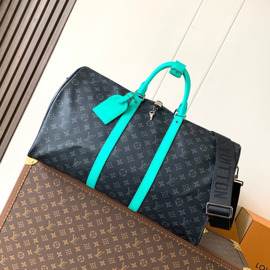 25S Keepall 50 with Shoulder Strap in Black Aqua Coated Monogram Eclipse Canvas and Calfskin