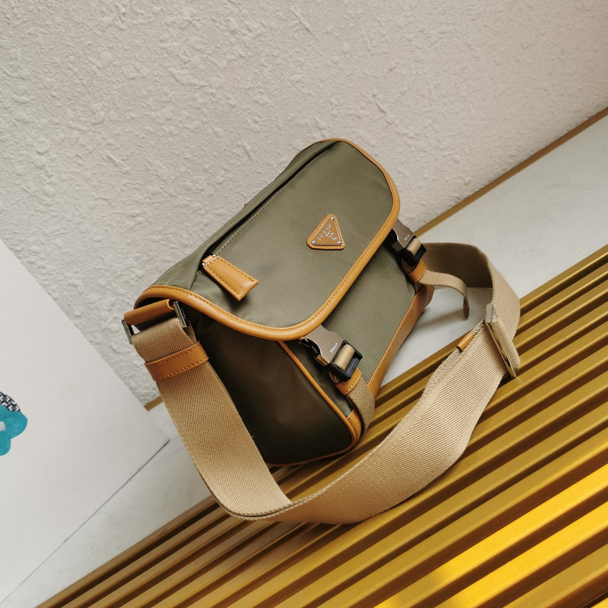 Messenger Bag 20 in Khaki Green Re-nylon and Brown Calfskin Trim