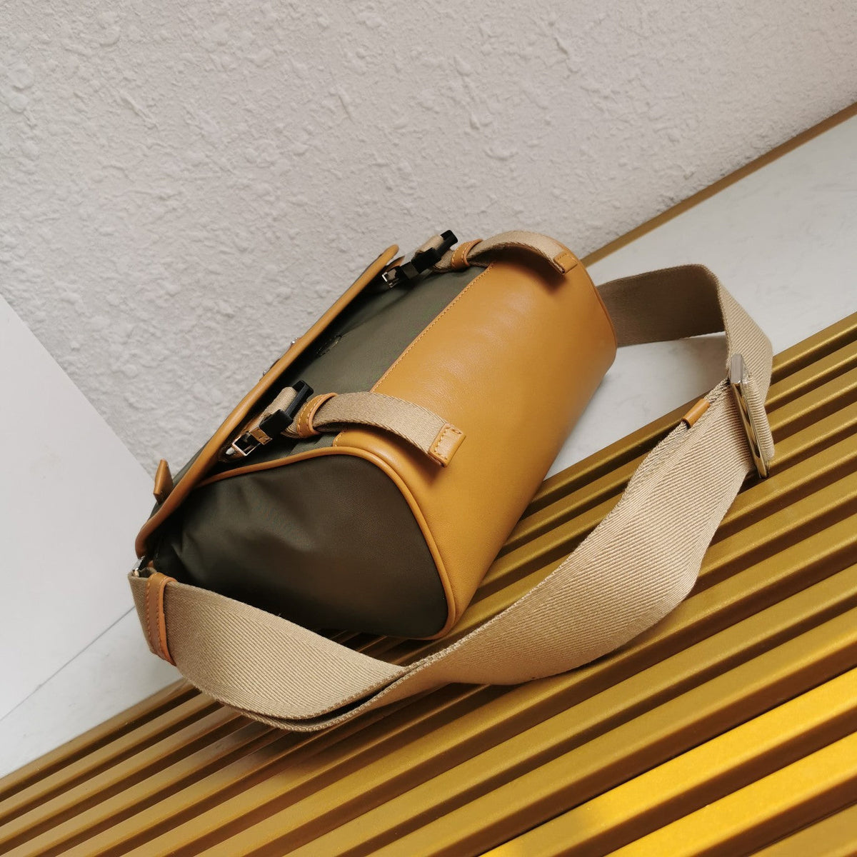 Messenger Bag 20 in Khaki Green Re-nylon and Brown Calfskin Trim