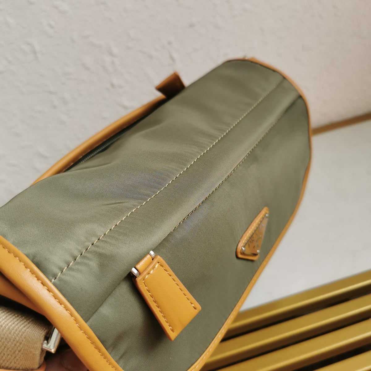Messenger Bag 20 in Khaki Green Re-nylon and Brown Calfskin Trim