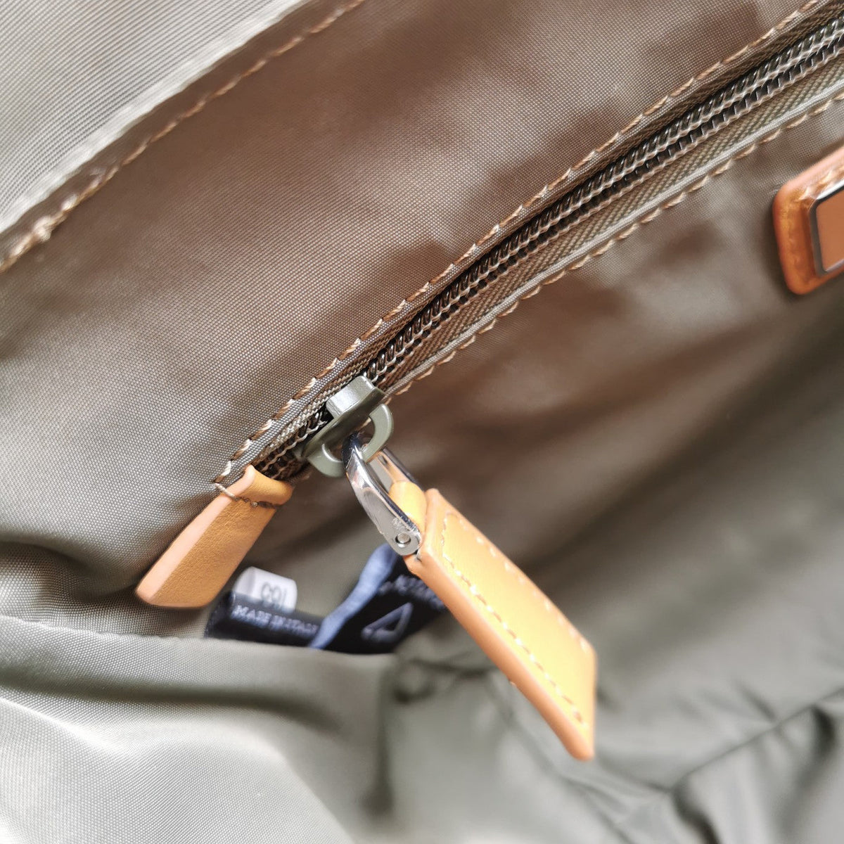 Messenger Bag 20 in Khaki Green Re-nylon and Brown Calfskin Trim