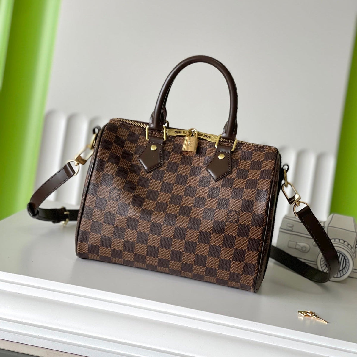 Speedy Bandolière 25 in Dark Brown Damier Ebene Canvas Gold Hardware