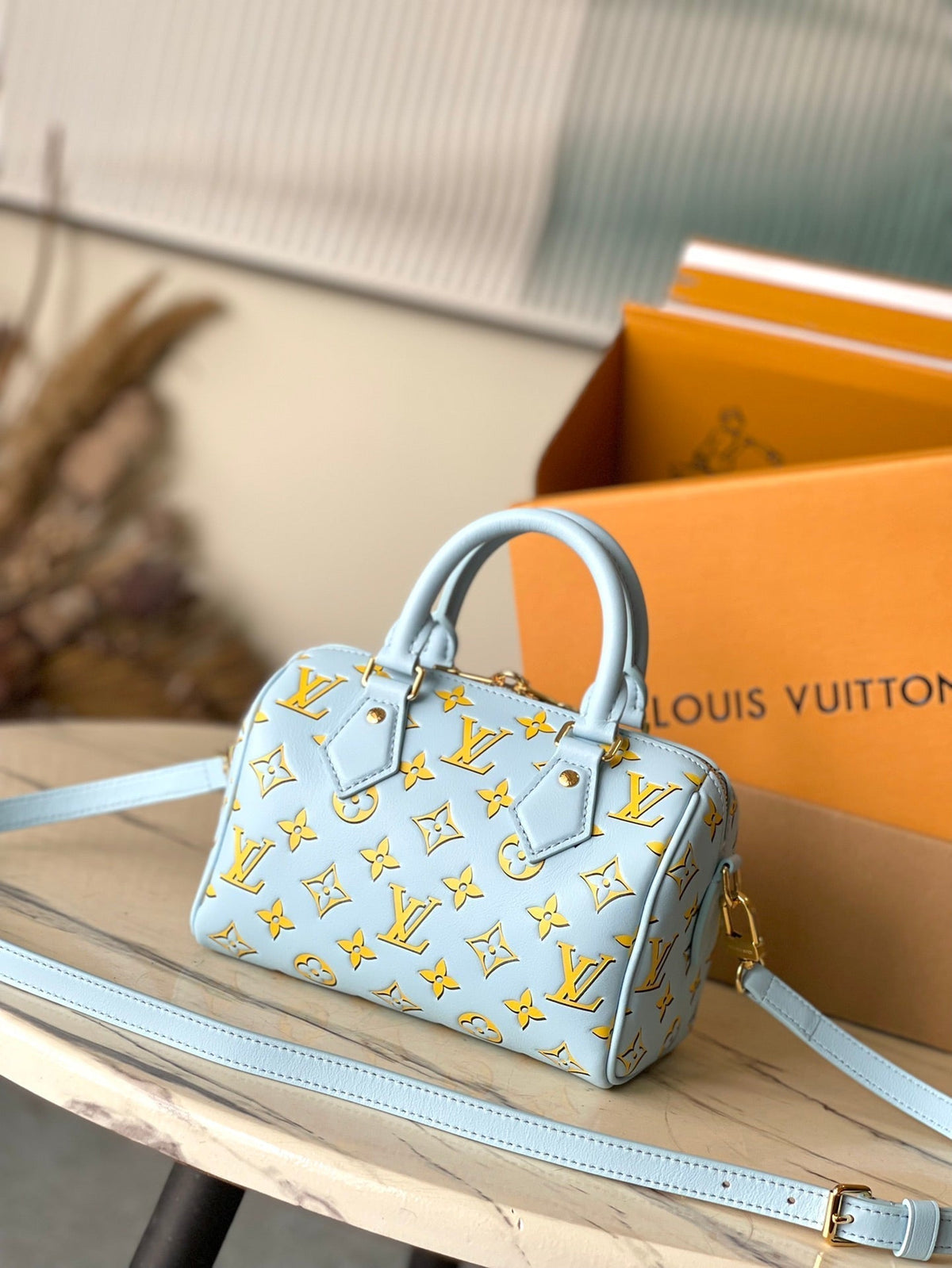 Speedy Bandoulière 20 in Sky Yellow Monogram Calfskin Gold Buckle