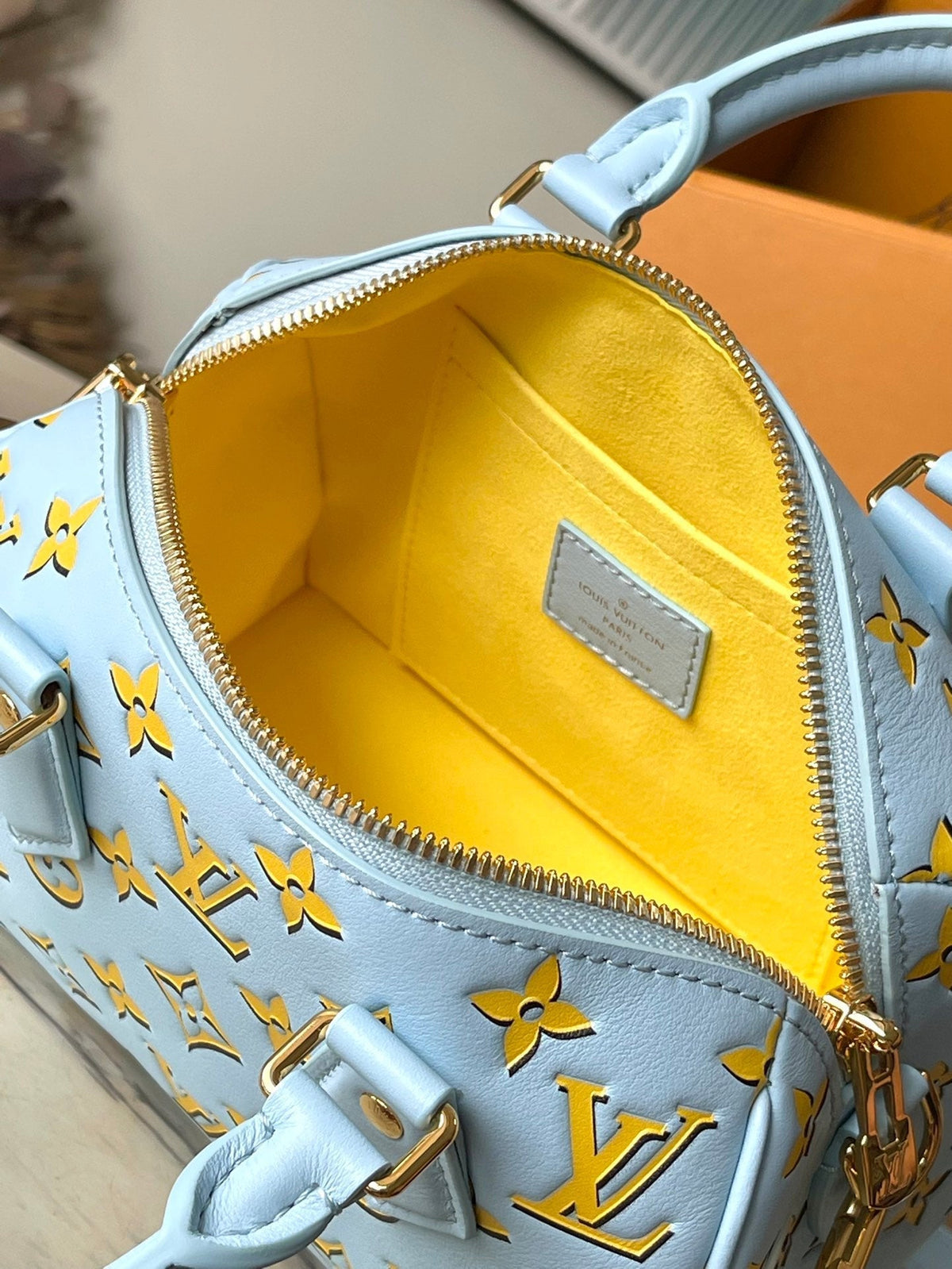 Speedy Bandoulière 20 in Sky Yellow Monogram Calfskin Gold Buckle