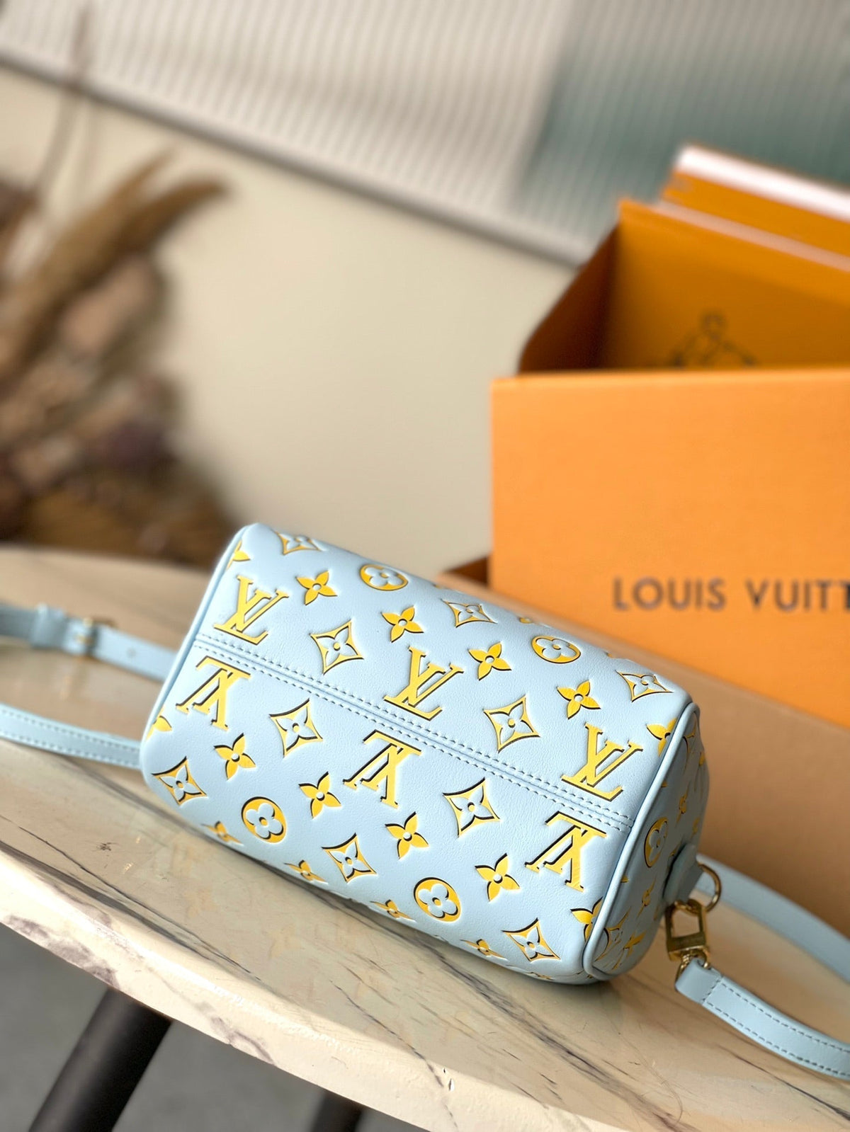 Speedy Bandoulière 20 in Sky Yellow Monogram Calfskin Gold Buckle