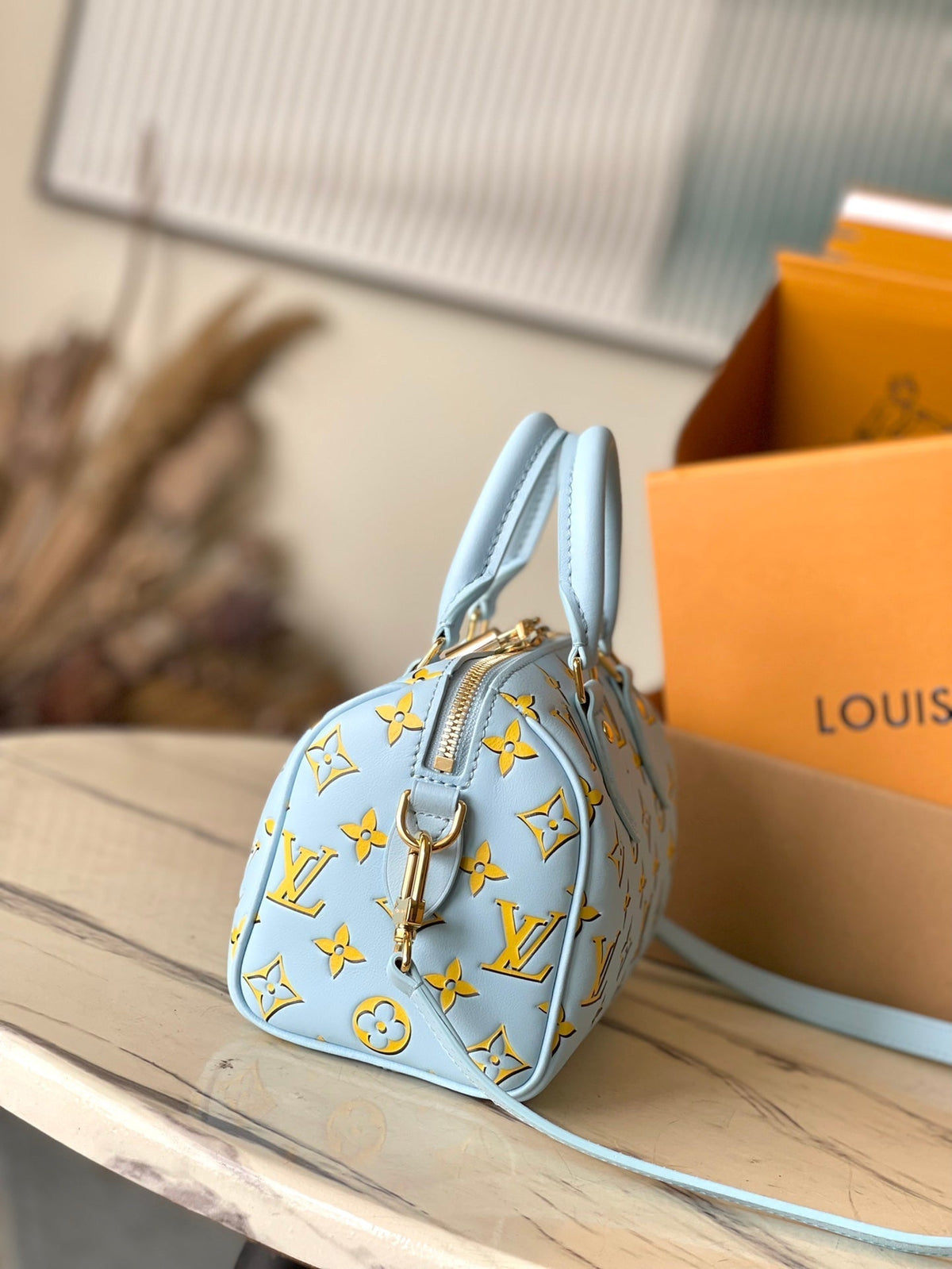 Speedy Bandoulière 20 in Sky Yellow Monogram Calfskin Gold Buckle