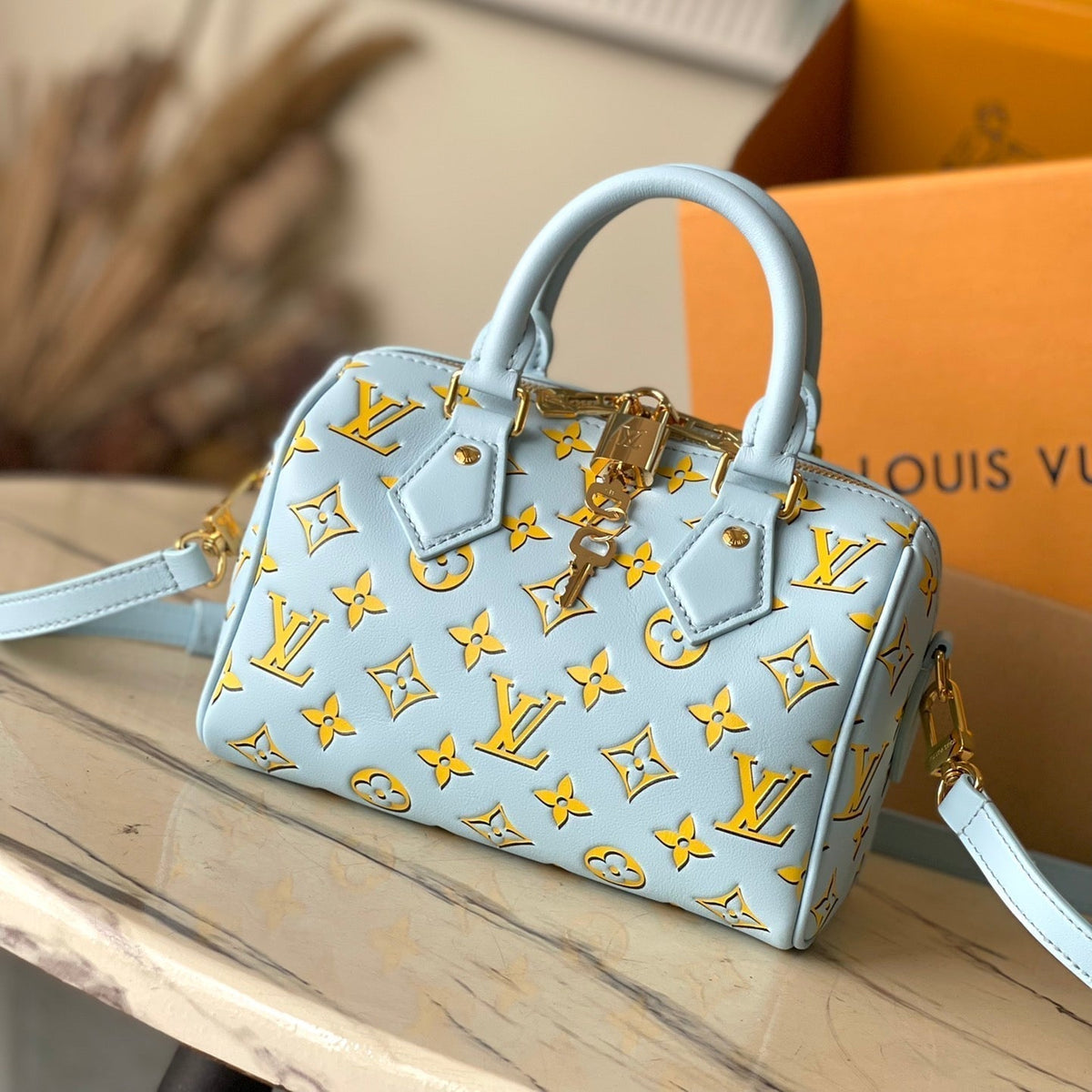 Speedy Bandoulière 20 in Sky Yellow Monogram Calfskin Gold Buckle