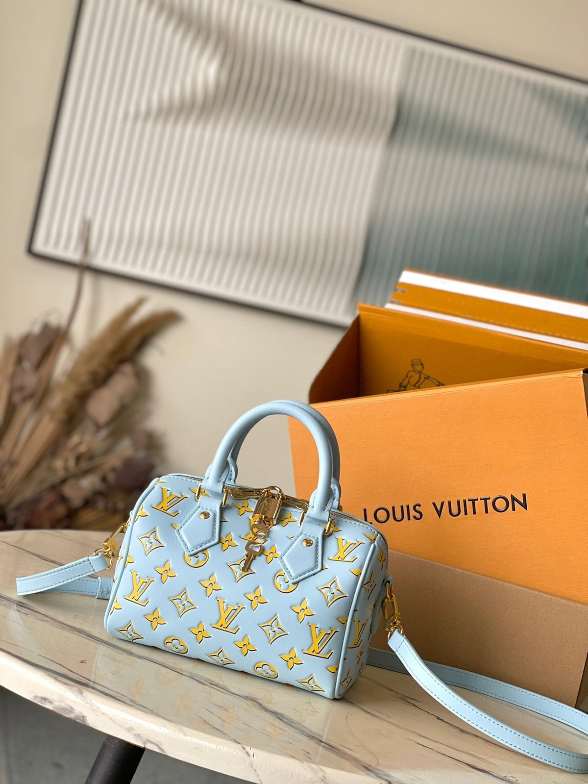 Speedy Bandoulière 20 in Sky Yellow Monogram Calfskin Gold Buckle